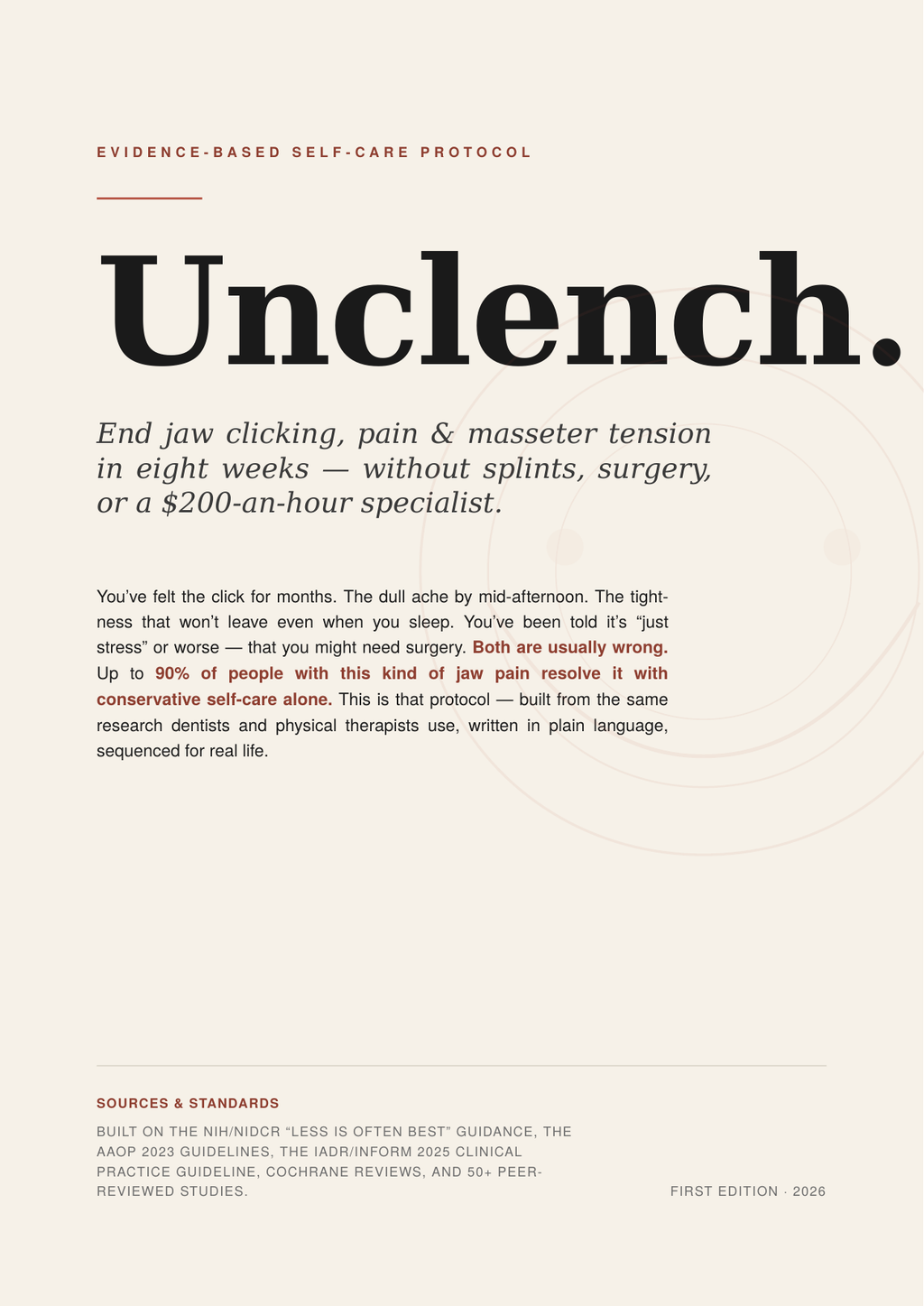 Promotional poster for 'Unclench' protocol with text about jaw pain relief.