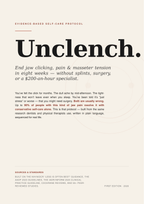 Promotional poster for 'Unclench' protocol with text about jaw pain relief.
