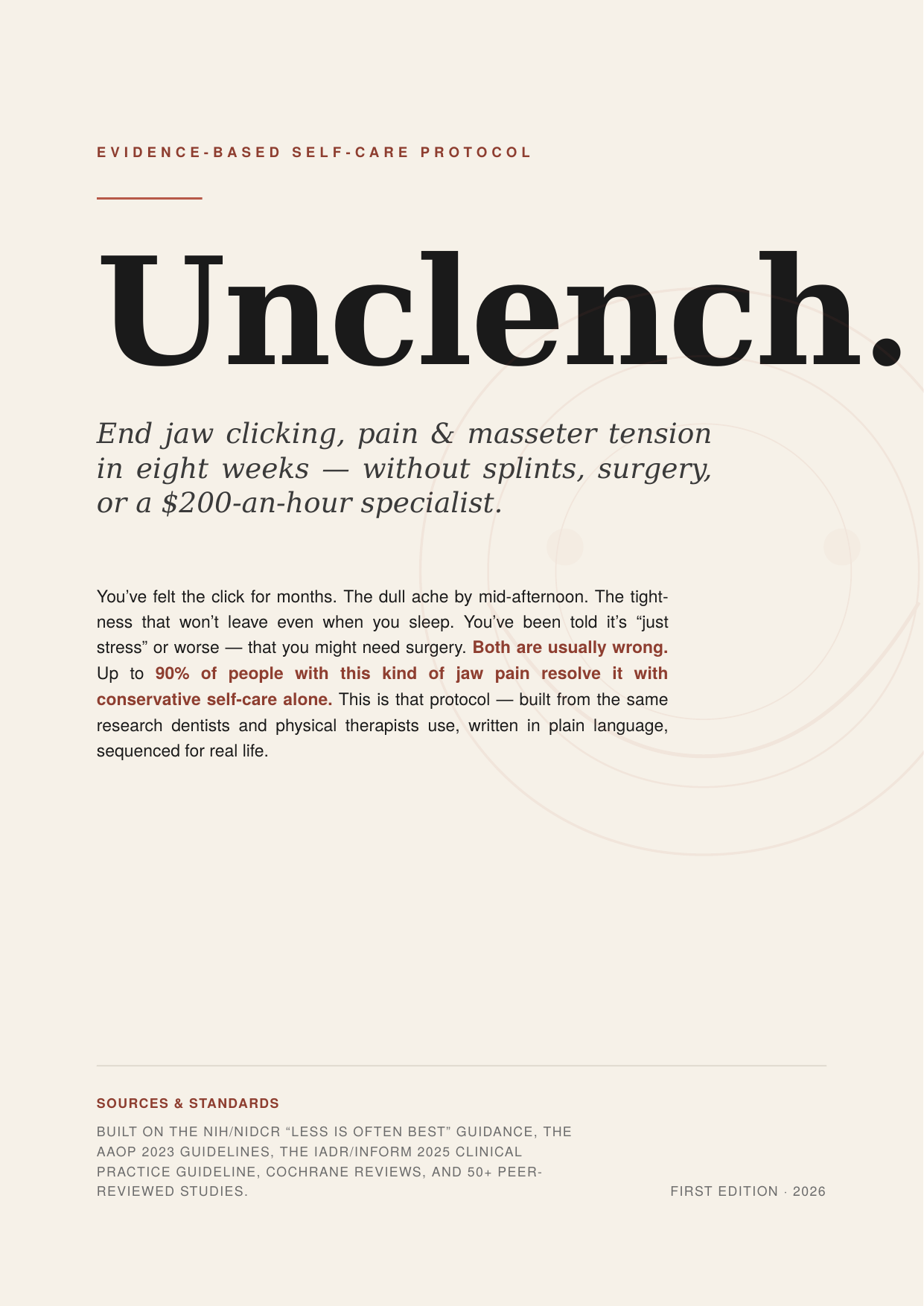 Promotional poster for 'Unclench' protocol with text about jaw pain relief.