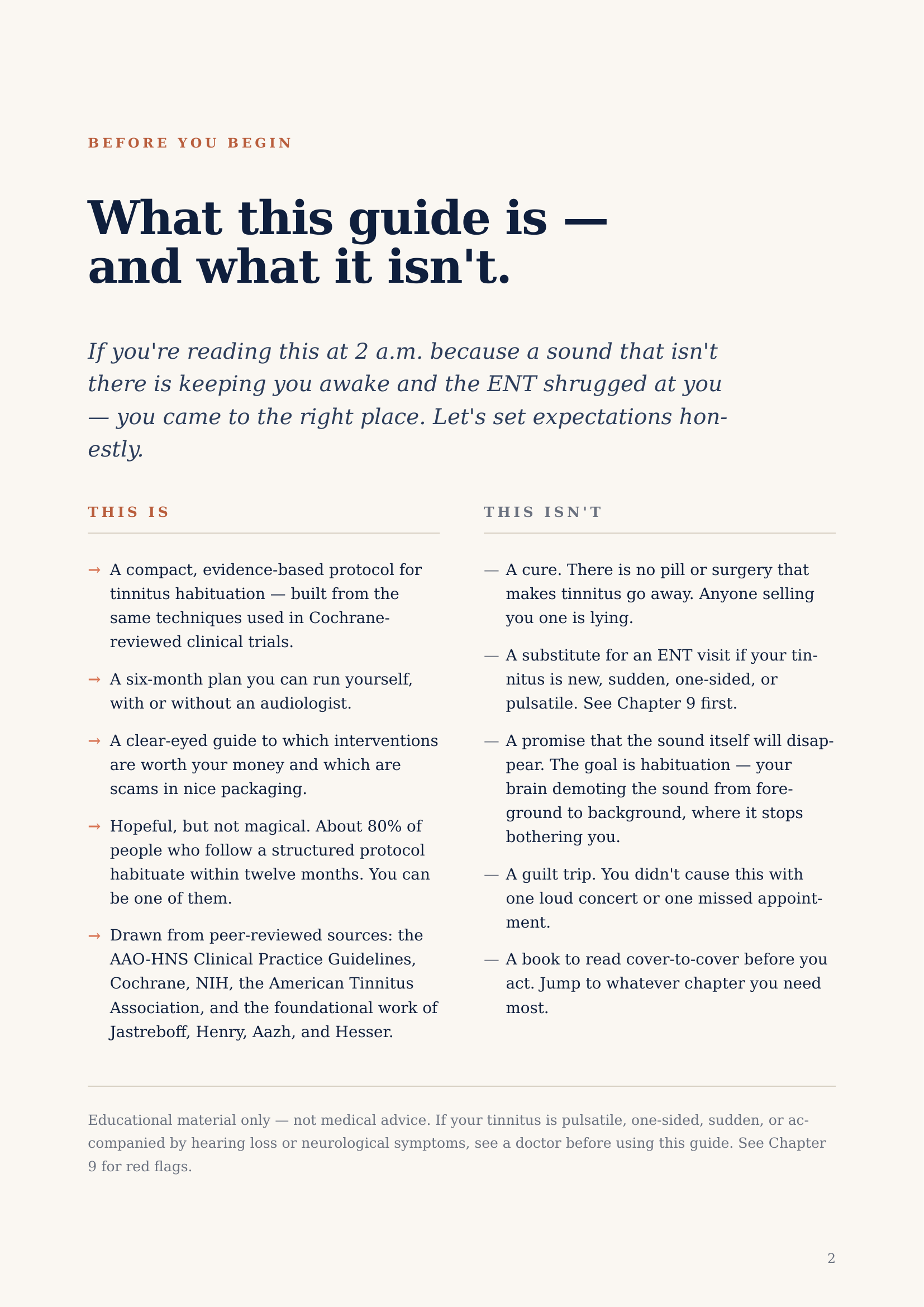 Page from a guide explaining what the guide is and what it isn't, with text on a white background.