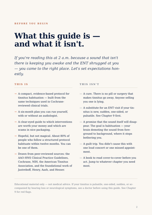 Page from a guide explaining what the guide is and what it isn't, with text on a white background.